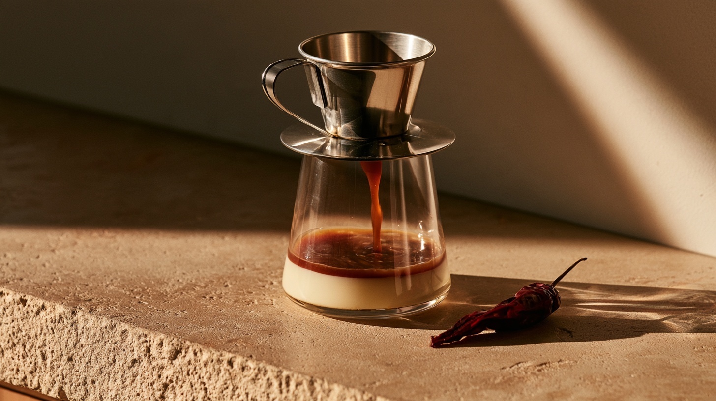 An aluminium drip filter on a glass, coffee falling into condensed milk, with a rubine chilli beside it. Hero image for an article on top 10 F&B brands in Vietnam.