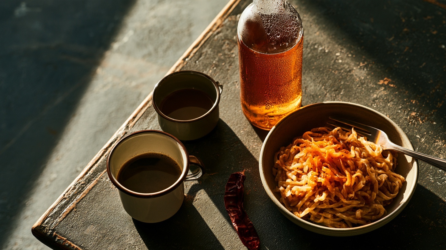 An enamel cup of coffee, a bottle of amber tea and a bowl of fried noodles with a rubine chilli on a grey table. Hero image for an article on top 10 F&B brands in Indonesia.