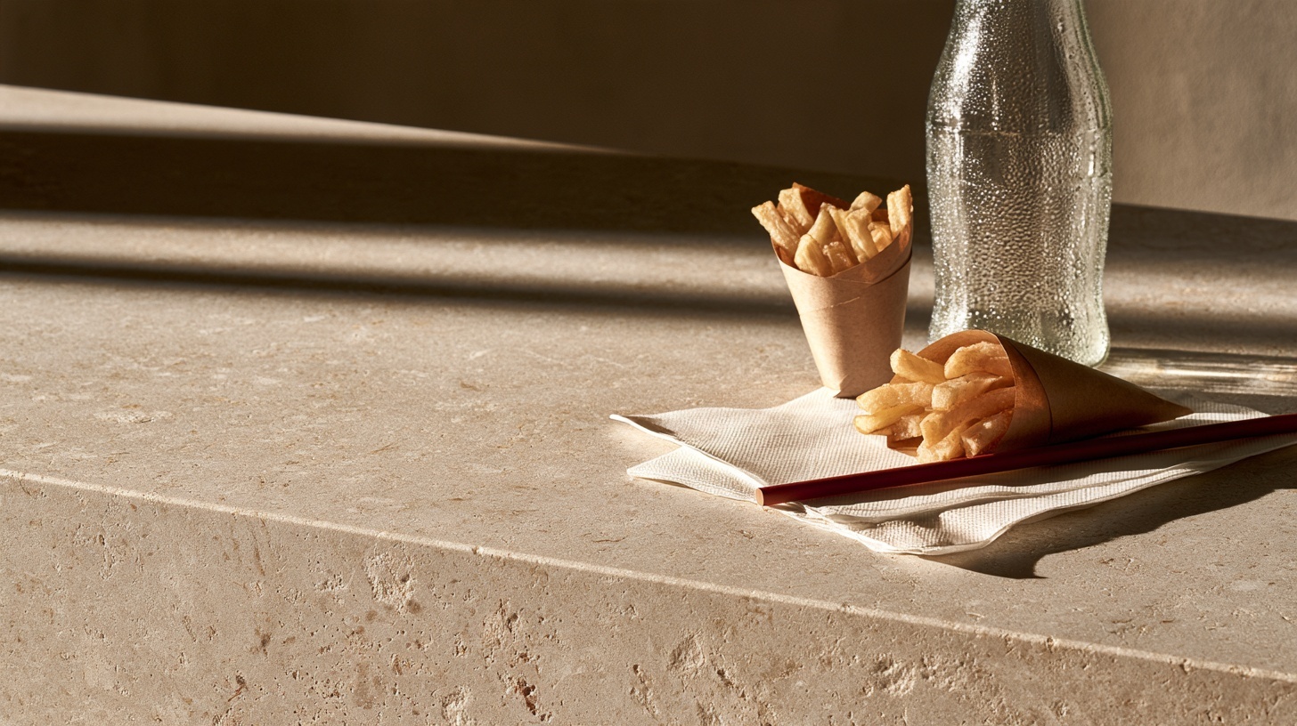 A condensation-beaded glass bottle, a paper cone of fries and a napkin with a rubine straw on a stone counter. Hero image for an article on top 10 F&B brands in the USA.