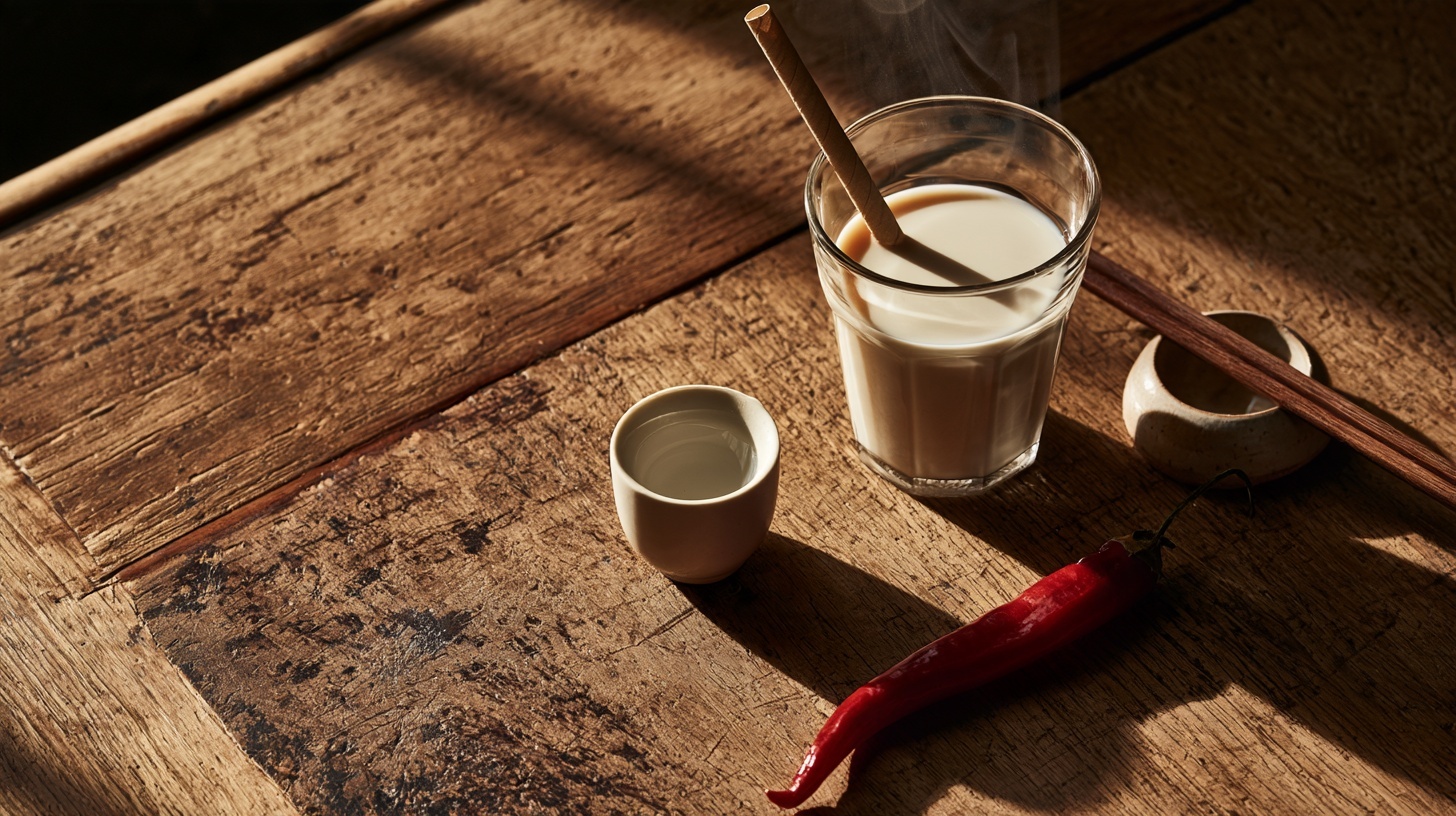 A white baijiu cup, a glass of milky tea, chopsticks and a red chilli on a worn wooden table. Hero image for an article on top F&B brands in China.