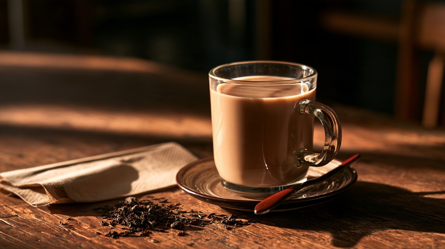 A glass mug of milky tea on a saucer with a rubine enamel spoon and scattered tea leaves on a wooden table. Hero image for an article on top F&B brands in Malaysia.