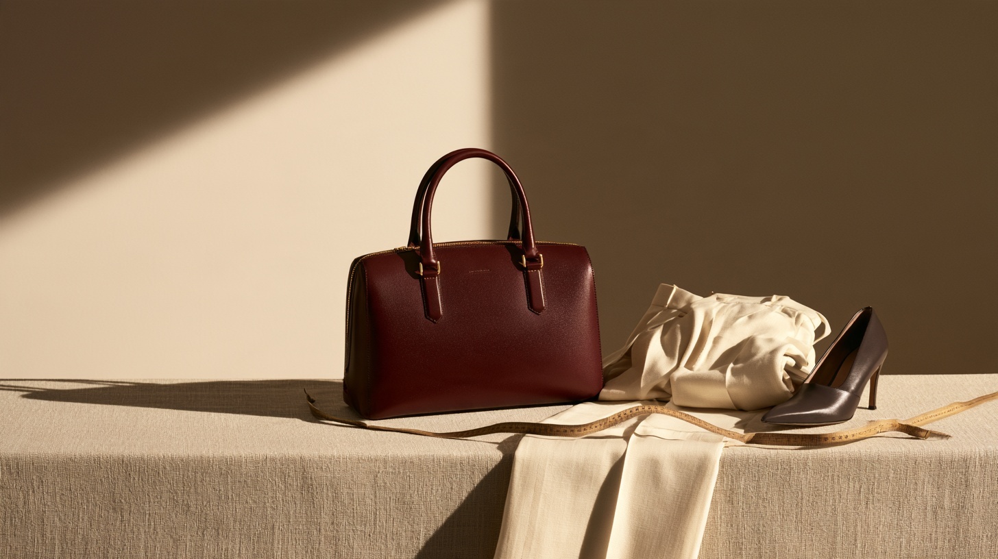 A rubine leather handbag, folded cream trousers and a charcoal shoe on a linen-covered plinth. Hero image for an article on top 10 fashion brands in Singapore.