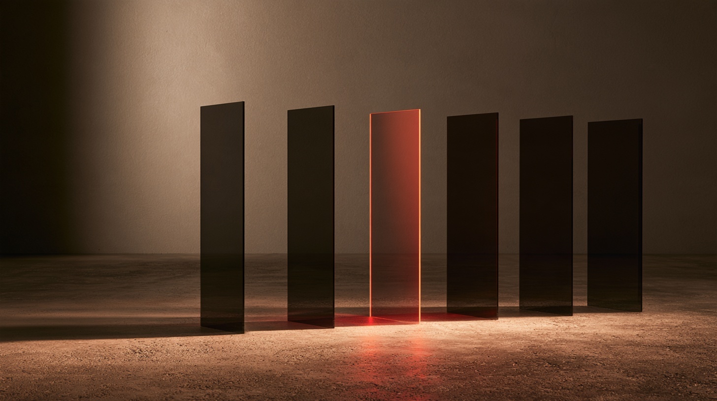 Five identical thin black glass panels standing upright in a row on a warm concrete floor, evenly spaced like dominoes. Hero image for an article on TV branding.