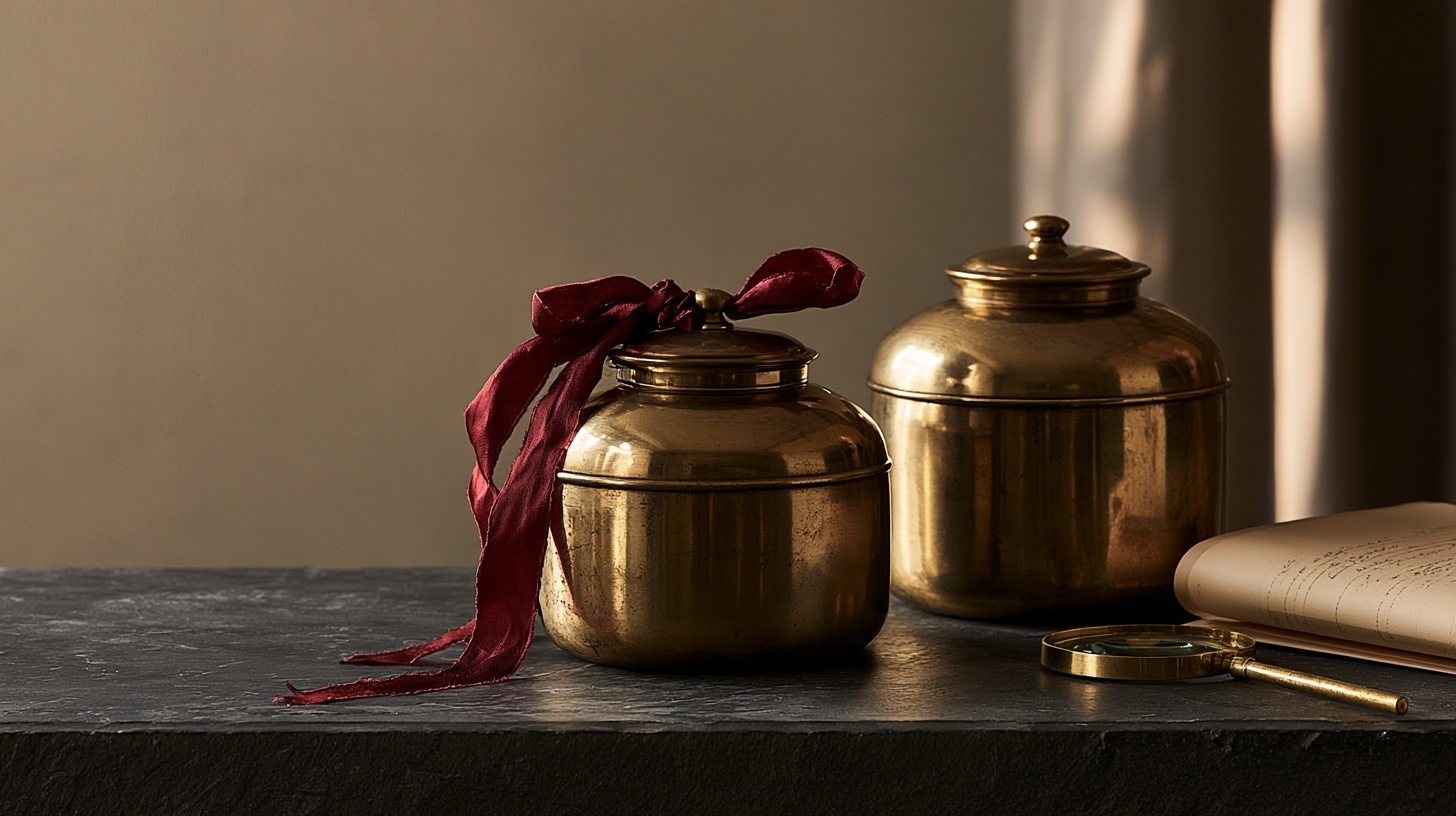 Two near-identical antique brass tea caddies on a charcoal slate surface, one slightly forward