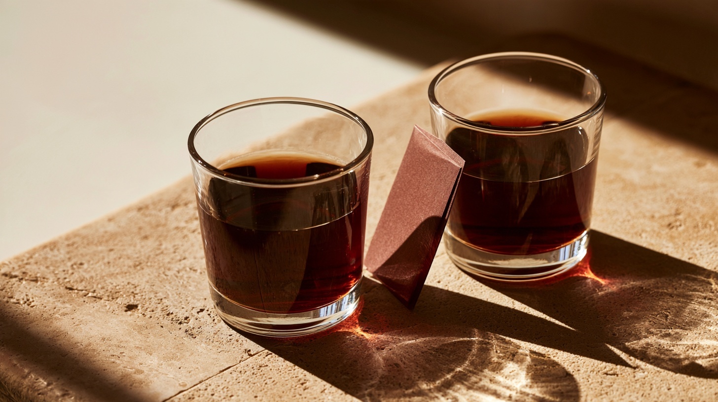 Two identical plain glass tumblers of dark liquid on a warm stone surface, one with a single folded paper tag in deep rubine leaning against it
