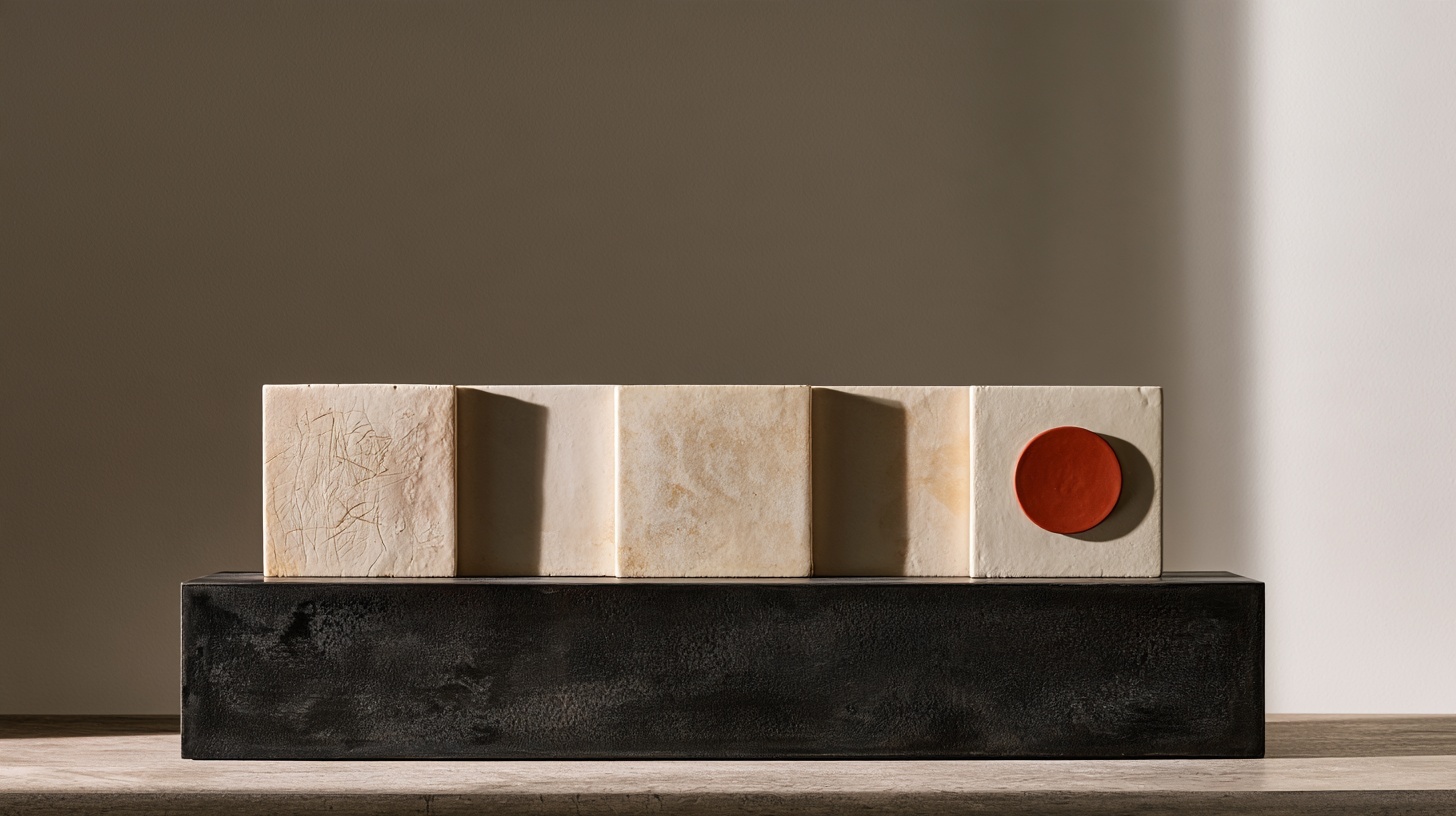 A row of five pale ceramic tiles on a charcoal plinth, each simpler than the last, the final one bearing a single rubine circle. Hero image for an article on wordmark to symbol.